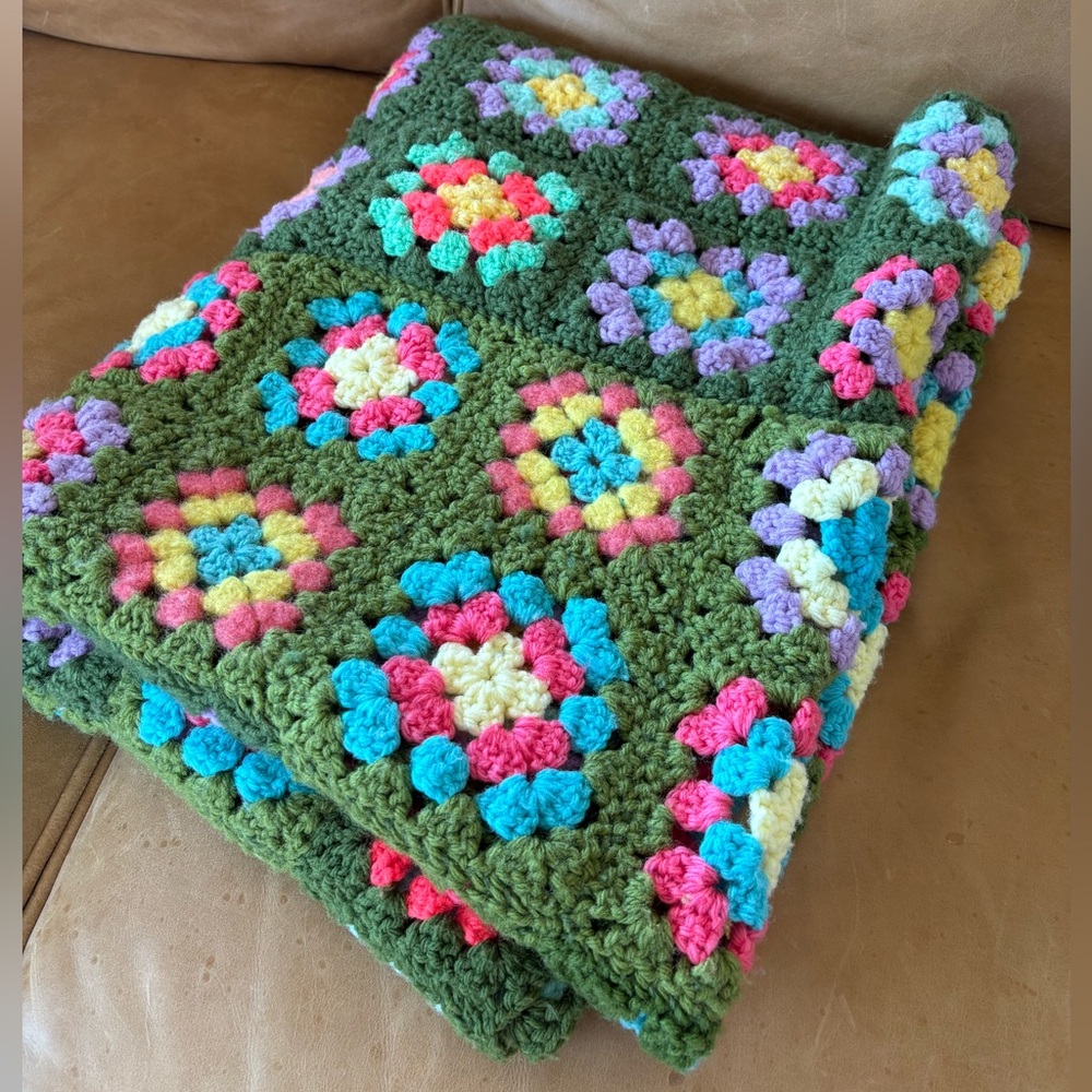 Handmade Green Colorful Crochet Granny Square Blanket - Crib Sized 37”x66.5”